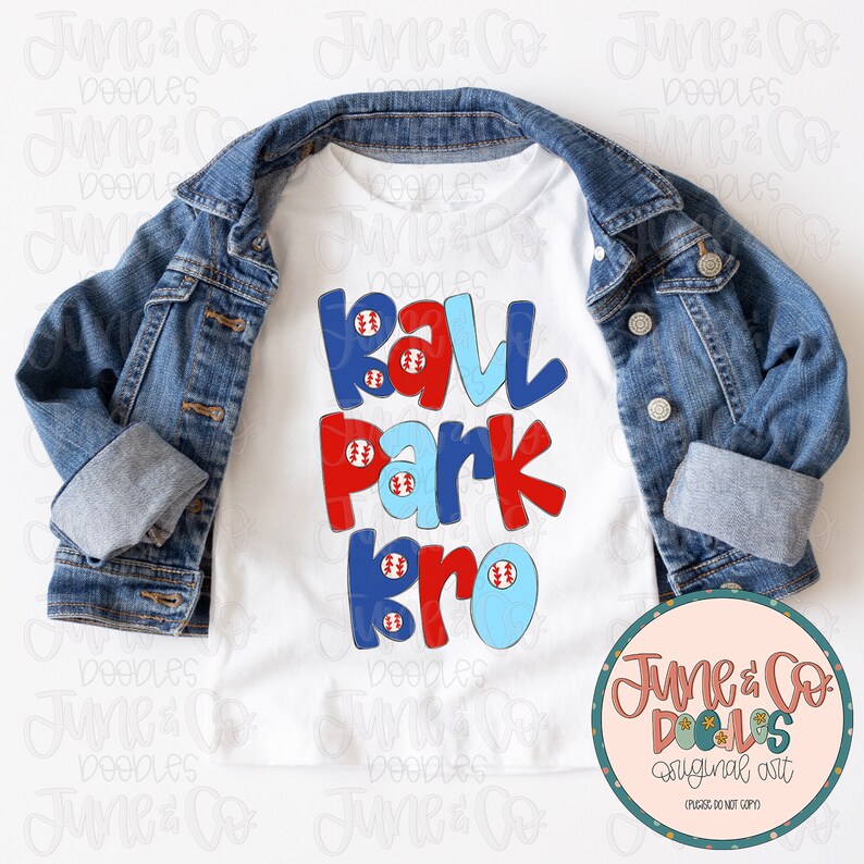 May include: White t-shirt with a red, blue, and light blue graphic that says "Ball Park Bro" with baseballs on each letter.