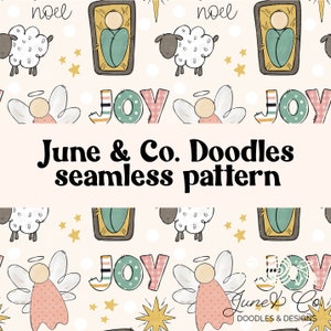 May include: A seamless pattern featuring a repeating design of angels, stars, sheep, and the word "JOY" in a festive Christmas theme. The pattern is on a light pink background.
