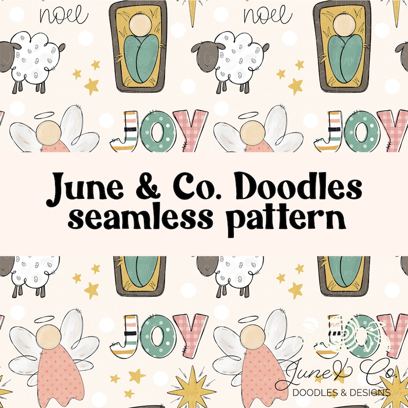 May include: A seamless pattern featuring a repeating design of angels, stars, sheep, and the word "JOY" in a festive Christmas theme. The pattern is on a light pink background.