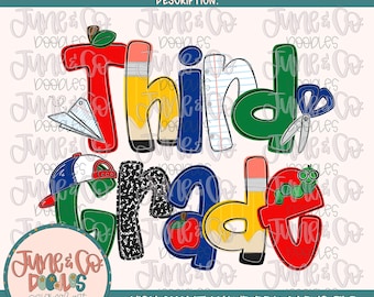 Boys Third Grade PNG| Cool Back To School Sublimation File| Little Boy Elementary Grade Level Design| Hand Drawn Art| Digital Download