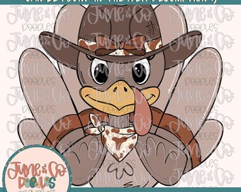 Cowgirl Turkey PNG| Western Turkey With Bow Sublimation File| Country Thanksgiving Shirt Design| Hand Drawn Printable Art| Digital Download