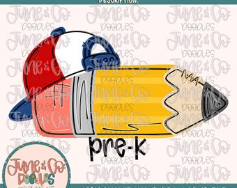 Pre-K-potlood voor jongens, png| Sublimatiebestand potlood met omgekeerde hoed| Shirtontwerp op basisschoolniveau| Handgetekende kunst| Digitale download