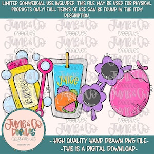 Puede incluir: Una ilustración digital de un conjunto de artículos de temática veraniega, que incluye una botella de burbujas, una caja de zumo, unas gafas de sol y un globo rosa. Los artículos están dibujados en un estilo de dibujos animados con contornos negros y colores brillantes.