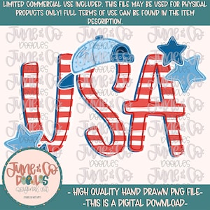 Op de afbeelding: USA-afbeelding met rode en witte strepen en blauwe sterren. De letters zijn blauw omrand en de afbeelding bevat een blauwe baseballpet met een witte klep.