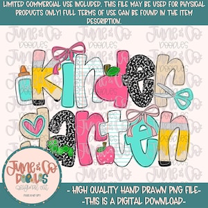 Girls Kindergarten PNG| Coquette Back To School Sublimation File| Girly Elementary Grade Level Design| Hand Drawn Art| Digital Download