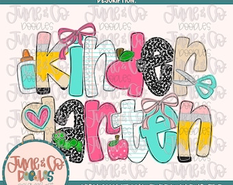 Girls Kindergarten PNG| Coquette Back To School Sublimation File| Girly Elementary Grade Level Design| Hand Drawn Art| Digital Download