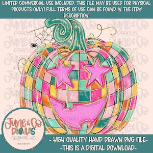 Puede incluir: Una ilustración digital de una calabaza con un patrón de bola de discoteca en verde azulado, rosa y amarillo. Presenta ojos en forma de estrella rosa y una boca ancha rosa. Una pequeña araña negra cuelga de una telaraña en el tallo verde.