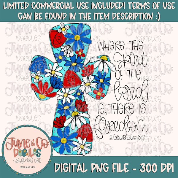 Floral Freedom Cross PNG| Girly Patriotic Sublimation File| Christian Bible Verse Shirt Design| Hand Lettered Printable Art|Instant Download