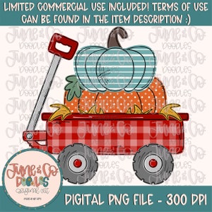 May include: A red wagon with a checkered pattern, filled with three pumpkins. The top pumpkin is teal blue with white stripes, the middle pumpkin is orange with white polka dots, and the bottom pumpkin is orange with white polka dots. The wagon has a wooden handle and black wheels.
