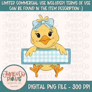 May include: A yellow chick with a blue bow holding a blue and white checkered sign. The sign is blank and ready for personalization.  Digital PNG file - 300 DPI.