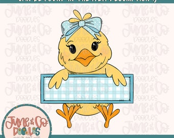 May include: A yellow chick with a blue bow holding a blue and white checkered sign. The sign is blank and ready for personalization.  Digital PNG file - 300 DPI.