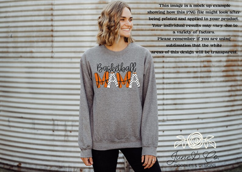 May include: Grey sweatshirt with the text "Basketball Mama" in black lettering. The letters are decorated with orange basketballs and black nets.