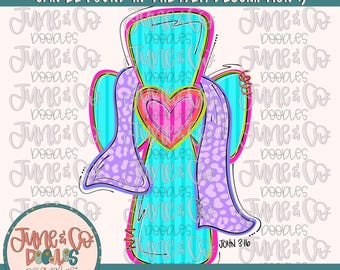 May include: A digital illustration of a colorful angel with a heart and the text "John 3:16". The angel is blue, purple, and pink with a striped heart. The background is white.