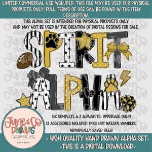 May include: Digital download of a "Spirit Alpha" set with uppercase letters and accessories. The design features black, white, and gold elements, including a football, paw print, stars, and a bow. The text reads "June & Co Doodles".