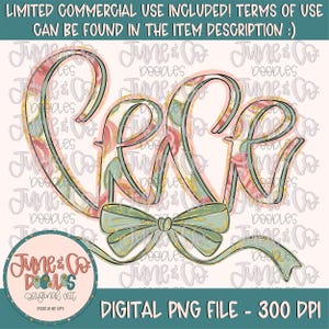 May include: A digital illustration of the word "Cece" in a heart shape with a green and gold bow. The letters are outlined in black and filled with a floral pattern in shades of pink and green.