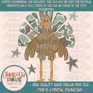 May include: A digital illustration of a brown turkey with a camouflage patterned tail, orange beak, and red wattle. The turkey is surrounded by four green stars on a light pink background. The text June & Co Doodles is visible throughout.