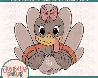 Ragazza tacchino PNG/ File di sublimazione di tacchino carino con fiocco/ Design per maglietta del Ringraziamento per ragazze/ Arte stampabile disegnata a mano/ Download immediato