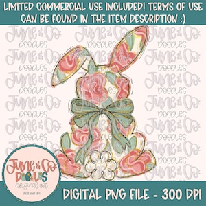 May include: A digital illustration of a pink and green floral bunny with a green bow. The bunny is sitting on a white background. The image is 300 DPI.