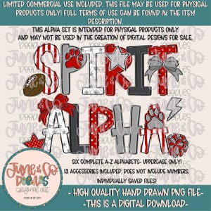 May include: A digital design featuring the words "SPIRIT ALPHA" in a variety of decorative fonts and patterns, including stars, stripes, and polka dots. The design includes a football, paw prints, and a cheerleader pom-pom. The text "June & Co Doodles" is also present.