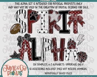 Alfabeto Spirit (granate y negro) / Alfabeto Doodle de Team Spirit / Letras PNG guardadas individualmente / Letras Doodle A-Z PNG / Descarga digital