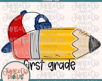 Potlood eerste leerjaar jongens, png | Sublimatiebestand potlood met omgekeerde hoed| Ontwerp op basisniveau| Handgetekende kunst| Digitale download