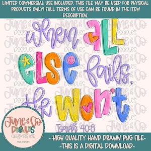 Op de afbeelding: Een kleurrijk digitaal ontwerp met de tekst "Als al het andere faalt, zal Hij het niet doen." Het ontwerp bevat een bloemelement, een smiley en een hart. De tekst is in verschillende kleuren, met de woorden omlijnd in zwart. Het ontwerp bevat ook de tekst "Jesaja 40:8".