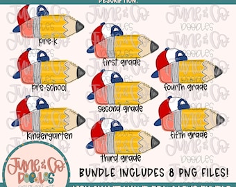 PNG-bundel met niveaupotlood voor jongens| Sublimatiebestand jongens terug naar school| Shirtontwerp basisschool| Handgetekende kunst| Digitale download
