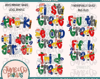 Boys Primary Grade Level PNG Bundle| Boys Back To School Sublimation File| Elementary School Shirt Design| Hand Drawn Art| Digital Download