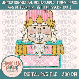 May include: A digital illustration of a Nutcracker with a pink and white striped hat, a gold crown, and a teal and pink body. The Nutcracker is smiling and has a gold beard. The image is set against a white background.