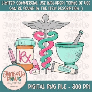 May include: A digital illustration of a medical theme with a caduceus, a mortar and pestle, a pill bottle with an Rx label, a syringe, and a tube of ointment. The illustration is in a cartoon style with bright colors and a whimsical feel.