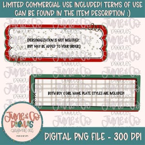 May include: A digital download of a red and white name plate with a plaid pattern. The text on the plate reads "Both Boy & Girl Name Plate Styles Are Included!" The image also includes a red and white banner with the text "(Personalization is not included, but may be added to your order.)"