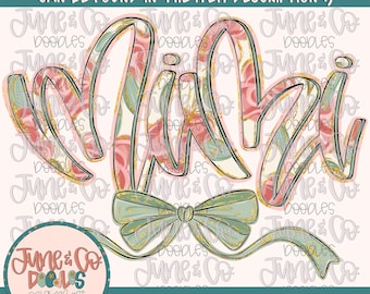 May include: A digital illustration of the name "Mimi" in a floral pattern with a green and gold bow. The text "June & Co. Doodles Original Art" is in the bottom left corner.