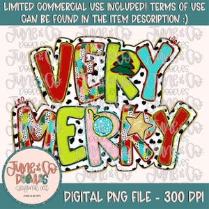 K&ouml;nnte beinhalten: Eine digitale Illustration des Satzes "Very Merry" in bunten, stilisierten Buchstaben auf einem schwarz-wei&szlig;en Polka-Dot-Hintergrund. Die Buchstaben sind mit verschiedenen Mustern und Texturen verziert, darunter Streifen, Punkte und Wirbel. Das Design enth&auml;lt einen kleinen Weihnachtsbaum, einen Stern und einen Christbaumschmuck.