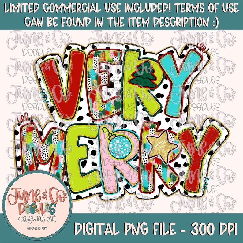 K&ouml;nnte beinhalten: Eine digitale Illustration des Satzes "Very Merry" in bunten, stilisierten Buchstaben auf einem schwarz-wei&szlig;en Polka-Dot-Hintergrund. Die Buchstaben sind mit verschiedenen Mustern und Texturen verziert, darunter Streifen, Punkte und Wirbel. Das Design enth&auml;lt einen kleinen Weihnachtsbaum, einen Stern und einen Christbaumschmuck.