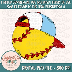 May include: A yellow baseball with red stitching and a blue and white baseball cap on top. The baseball and cap are drawn in a cartoon style.