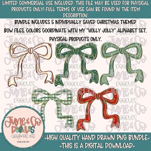 May include: A digital download featuring five hand-drawn Christmas-themed bow files in various colors. The bows include a cream-colored bow, two green bows, a green plaid bow, and a red bow. Text on the image includes "June & Co Dolls" and "High Quality Hand Drawn PNG Bundle - This is a Digital Download."