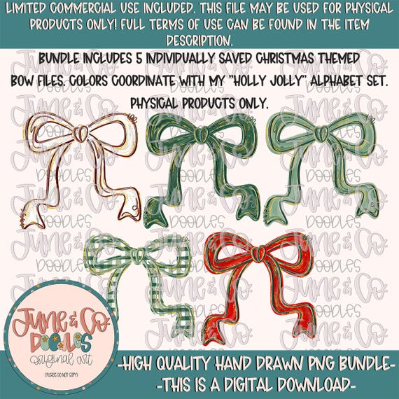 Large Holiday Bow PNG Bundle| Coquette Holiday Sublimation File| Preppy Christmas Design| Christmas Bows| Hand Drawn Art| Digital Download