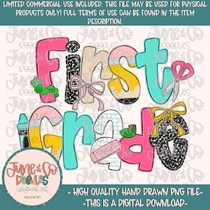 Girls First Grade PNG| Coquette Back To School Sublimation File| Girly Elementary Grade Level Design| Hand Drawn Art| Digital Download