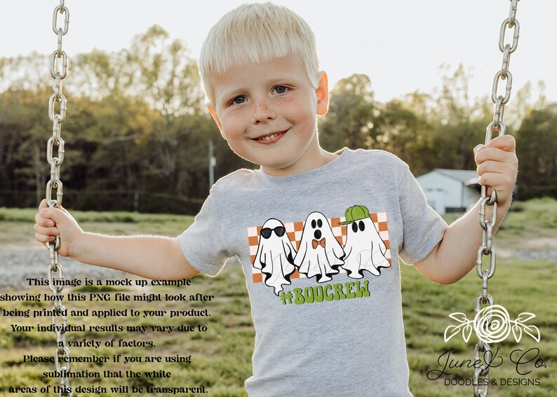 May include: A gray t-shirt with a graphic of three ghosts wearing sunglasses, a bow tie, and a green hat. The text '#BOOCREW' is below the ghosts.