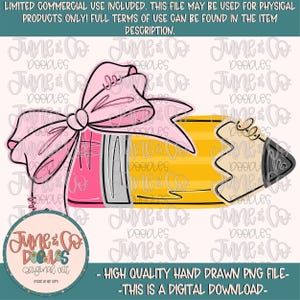 Mädchen Bleistift mit Schleife PNG | Kokette Zurück in der Schule DTF-Datei | Girly Grundschul-Shirt Design | Handgezeichnete Kunst | Digitaler Download