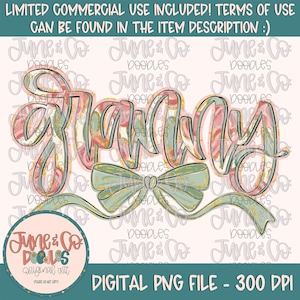 May include: A digital graphic design featuring the word "Granny" in pink and green floral patterned letters with a green bow and ribbon. The design is on a white background.