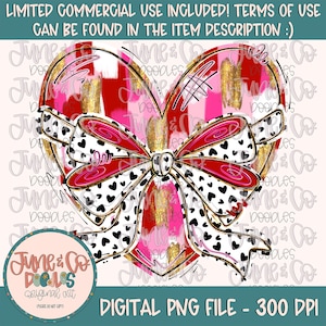 Heart With Bow PNG| Painted Brush Strokes Sublimation File| Valentine&#39;s Day Shirt Design| Hand Drawn Printable Art| Digital Download
