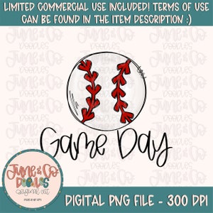 May include: A digital illustration of a baseball with red stitching and the text "Game Day" in black cursive font. The image is on a white background with a watermark of "June & Co. Doodles" in the bottom left corner.