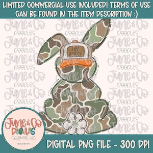 May include: A cartoon bunny wearing a camouflage hat with the words "Egg Hunter" on it. The bunny is also wearing a camouflage pattern.