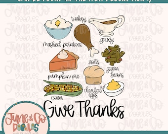 Könnte beinhalten: Eine digitale Illustration eines Thanksgiving-Dinners mit dem Text "Give Thanks". Die Illustration zeigt einen Truthahn, Kartoffelpüree, Kürbiskuchen, Mais, Eier im Teig, Brötchen, grüne Bohnen und Soße.