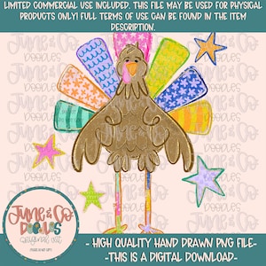 May include: A digital illustration of a brown turkey with a colorful tail featuring patterned feathers in blue, orange, green, and pink. The turkey has long, thin legs and is surrounded by several five-pointed stars in yellow, pink, and blue.