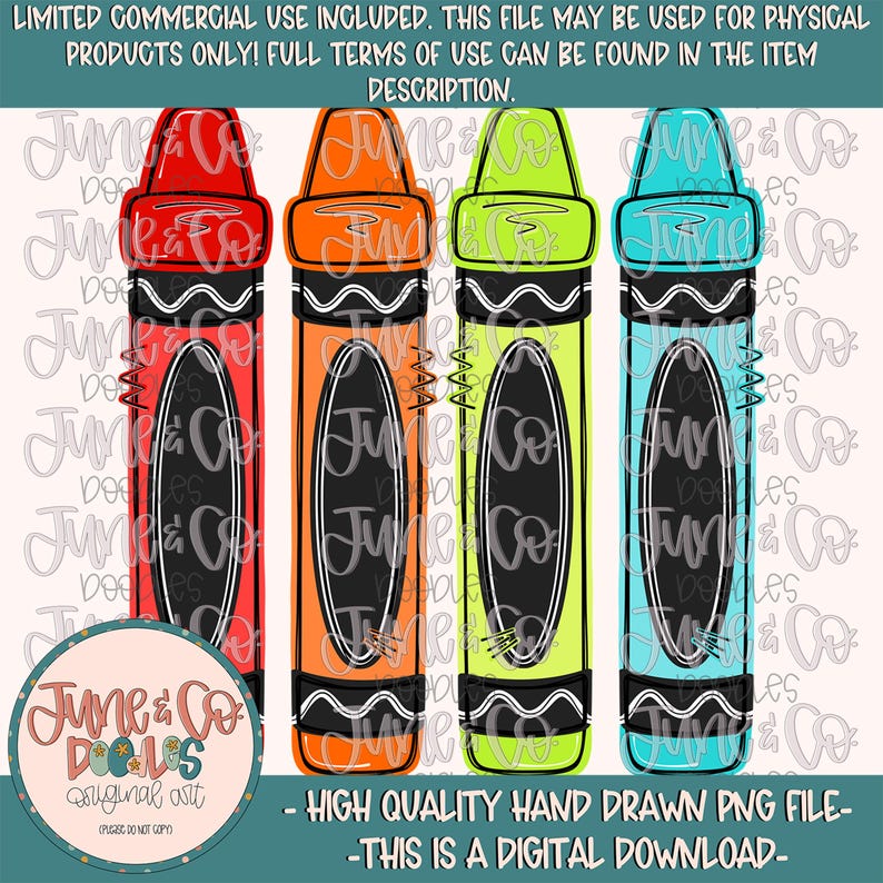 May include: Four crayon illustrations in red, orange, green, and blue, each with a black oval and the text "June & Co". The image includes the text "HIGH QUALITY HAND DRAWN PNG FILE - THIS IS A DIGITAL DOWNLOAD".