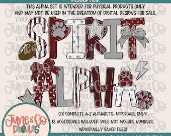 Alfabeto Spirit (granate y gris) / Alfabeto Doodle de Team Spirit / Letras PNG guardadas individualmente / Letras Doodle A-Z PNG / Descarga digital