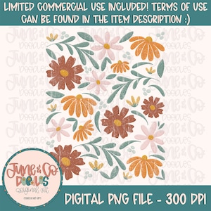 May include: A digital illustration of a floral pattern with a vintage aesthetic. The pattern features various flowers in shades of orange, brown, pink, and yellow, with green leaves. The background is a light cream color.