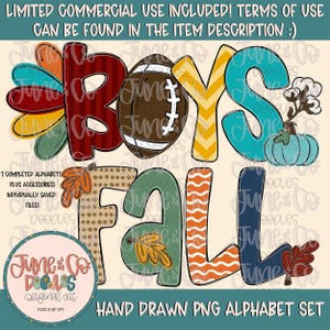 May include: A set of hand-drawn PNG alphabet letters in various fall colors and patterns, including a football, a pumpkin, and leaves. The letters spell out "Boys Fall".